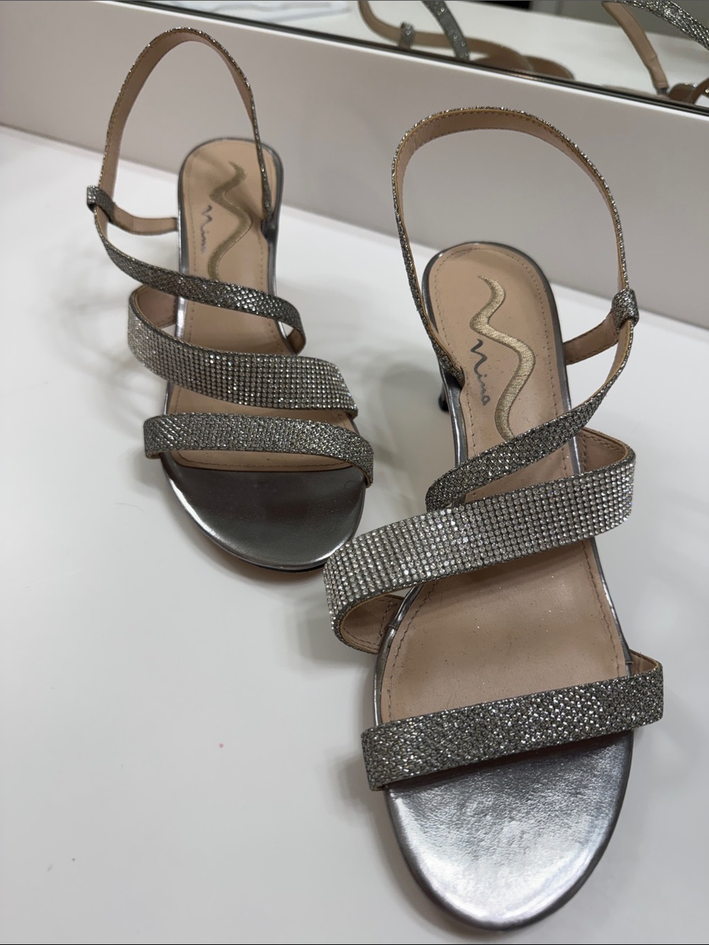 Nina Metallic Silver Crystal Strap Sandals